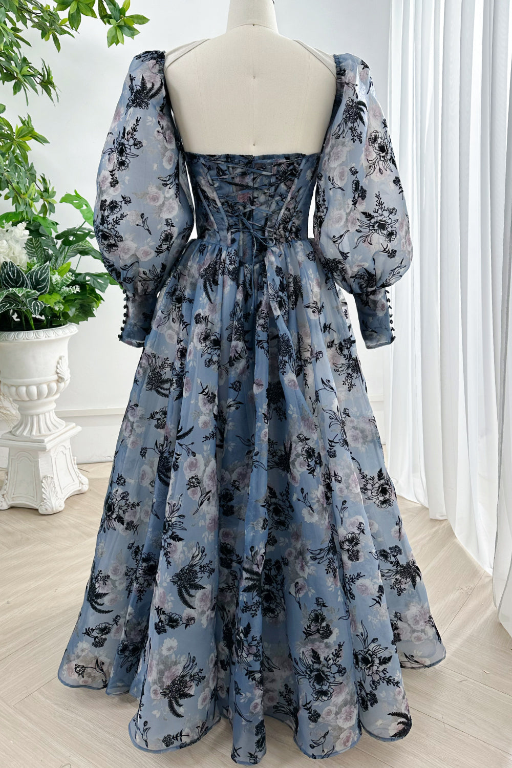 MissJophiel Corset Steal Blue Floral Print Organza Dress with Removable Puff Sleeves Steel Blue Floral / Above Knee / US10 MissJophiel Corset Steal Blue Floral Print Organza Dress with Removable Puff Sleeves Steel Blue Floral / Above Knee / US10