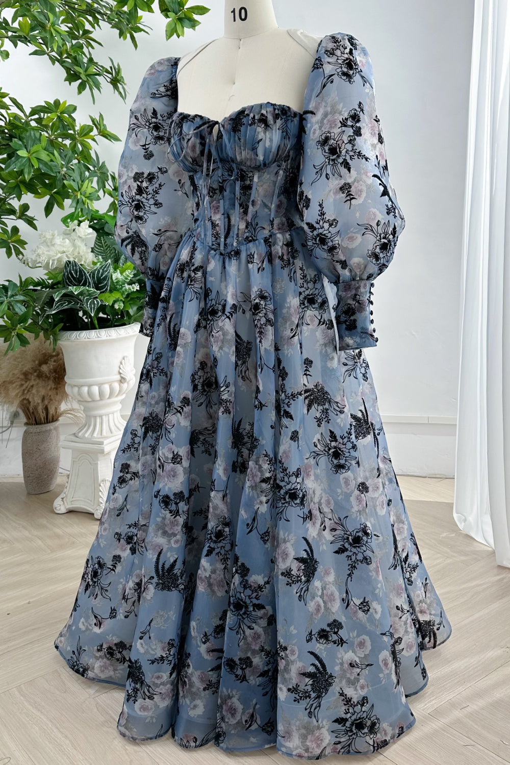 Corset Steal Blue Floral Print Organza Dress with Removable Puff Sleeves