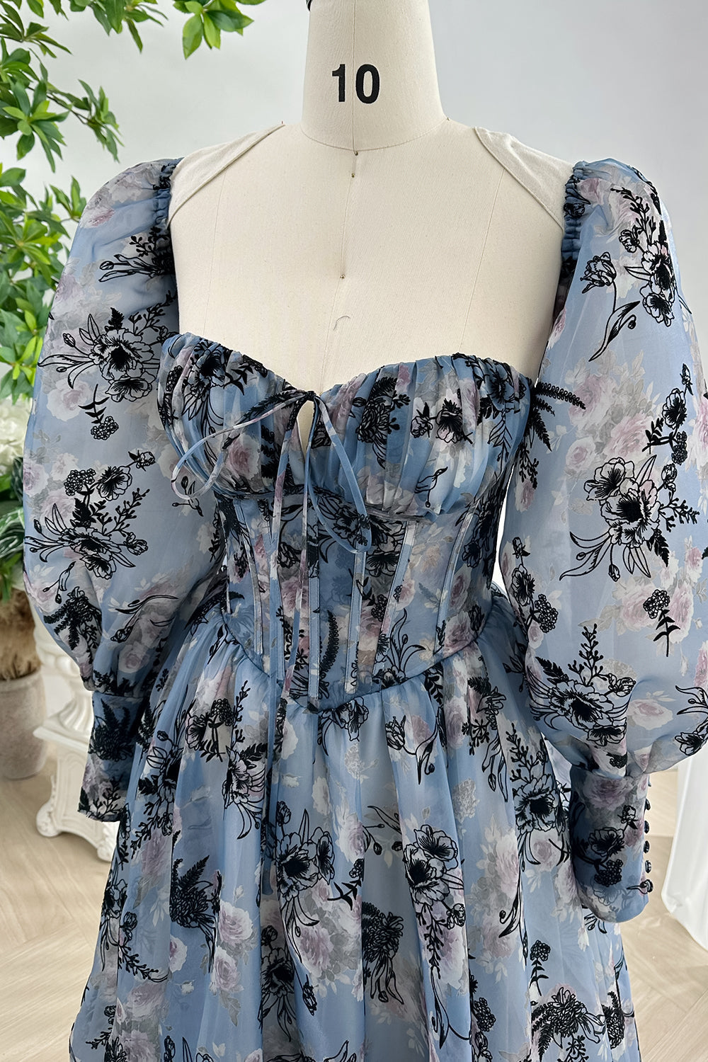 Corset Steal Blue Floral Print Organza Dress with Removable Puff Sleeves