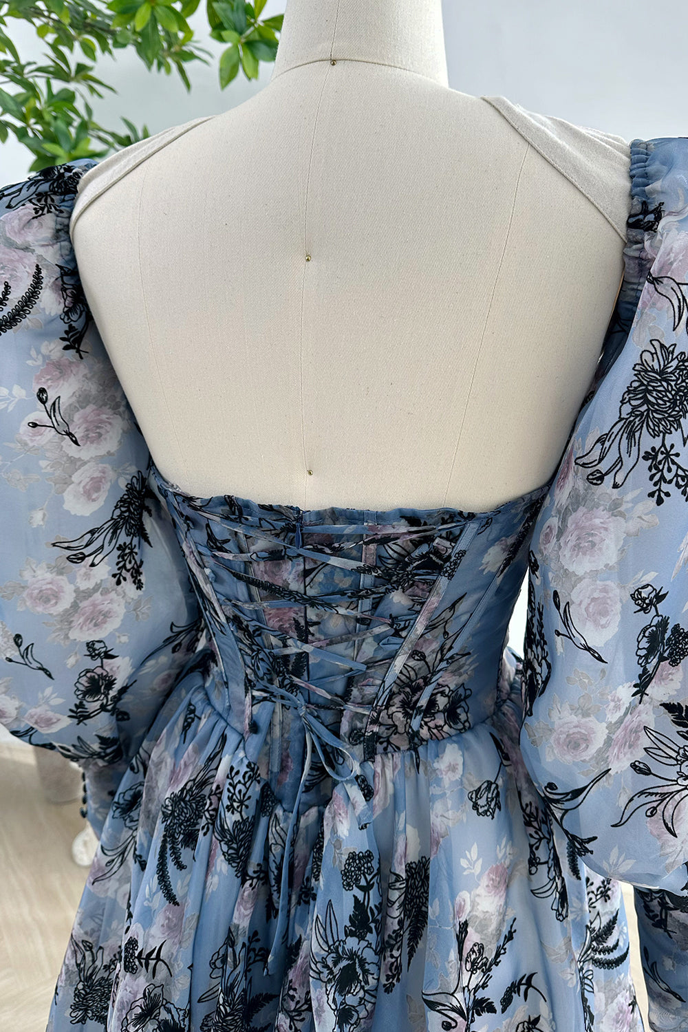 MissJophiel Corset Steal Blue Floral Print Organza Dress with Removable Puff Sleeves Steel Blue Floral / Above Knee / US10 MissJophiel Corset Steal Blue Floral Print Organza Dress with Removable Puff Sleeves Steel Blue Floral / Above Knee / US10