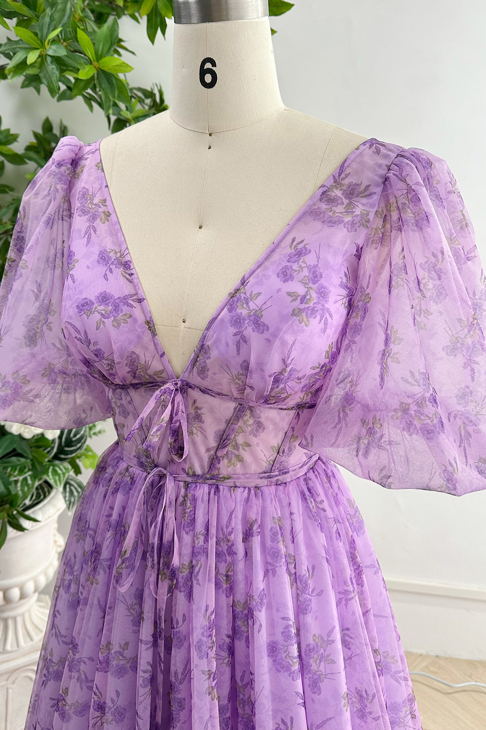 Puff Sleeves V Neck Lavender Floral Print Tulle Dress