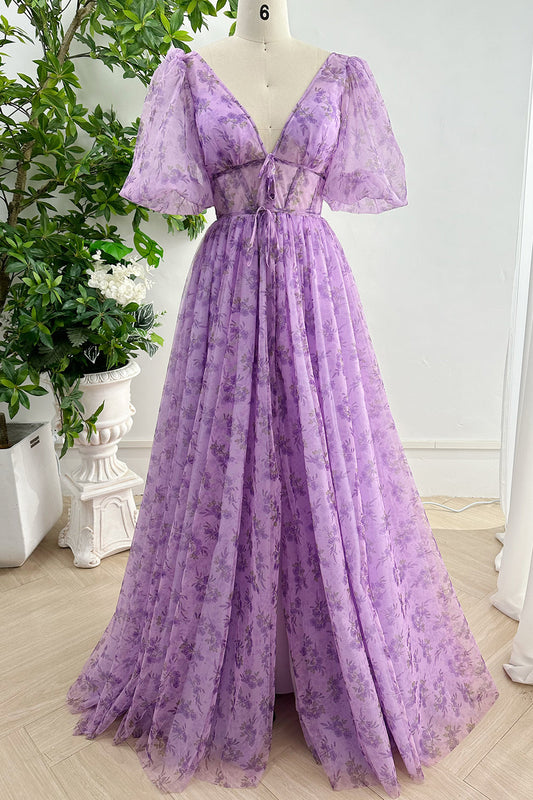 MissJophiel Puff Sleeves V Neck Lavender Floral Print Tulle Dress