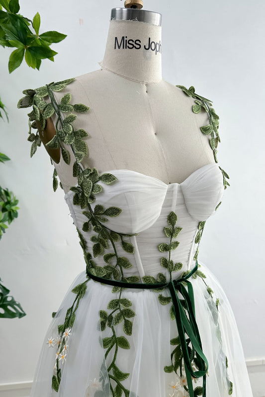 MissJophiel Corset Leaf Embroidered Midi Dress with removable Straps