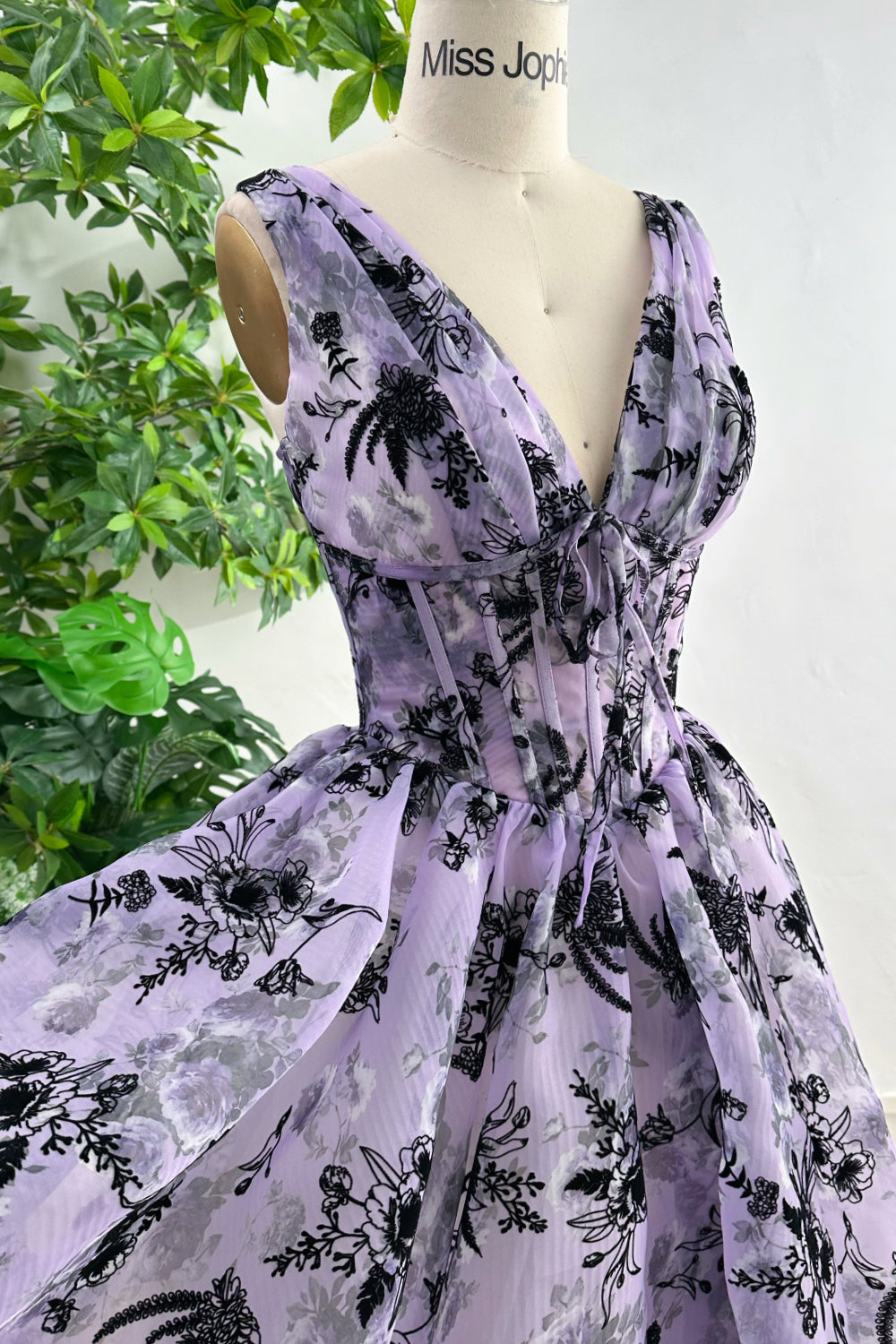 MissJophiel Straps V Neck Corset Floral Print Organza Midi Dress