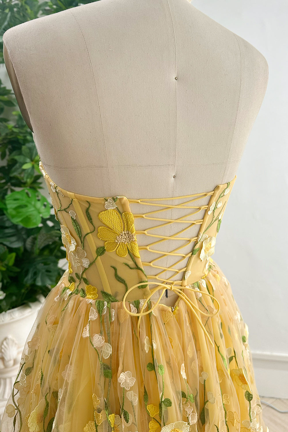 Strapless Corset Yellow Floral Embroidered Midi Dress