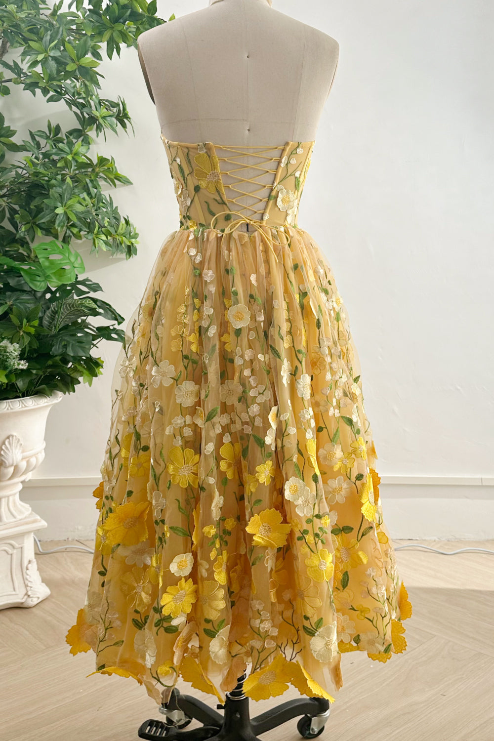Strapless Corset Yellow Floral Embroidered Midi Dress