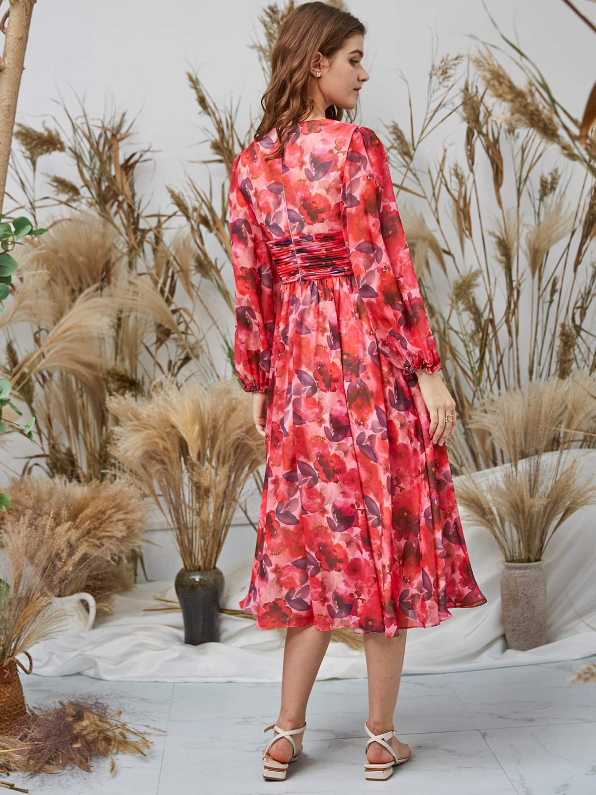 long sleeve red floral dress Long Sleeve Floral Detail Maxi Dress Red