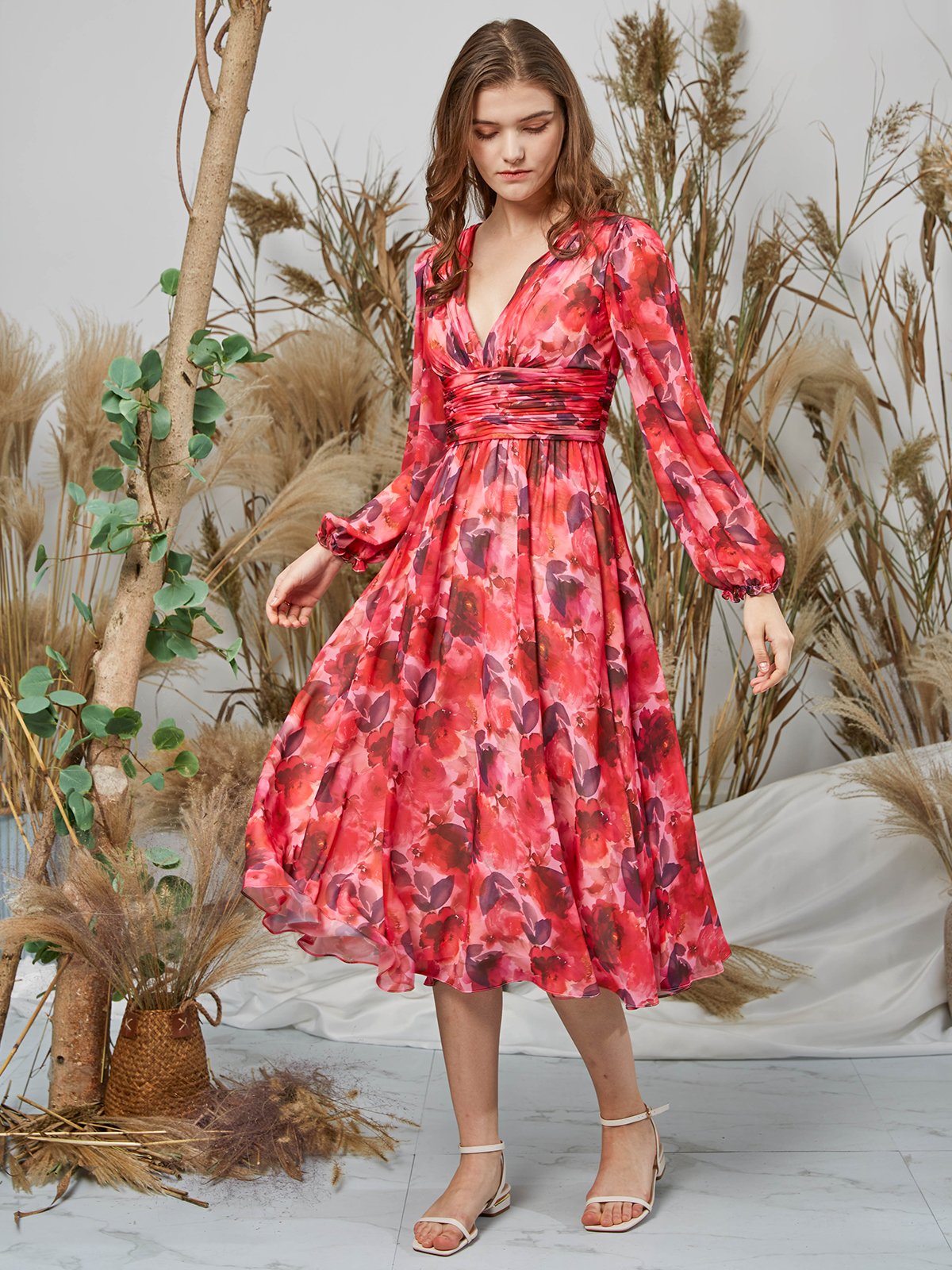 Long Puff Sleeves V Neck Chiffon Print Floral Red Formal Dress