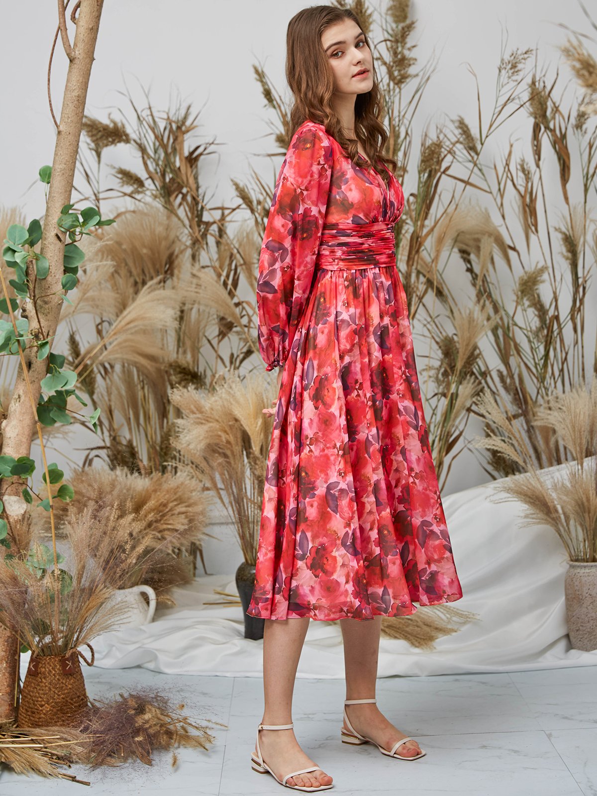 Lange Puffärmel V-Ausschnitt Chiffon-Print Floral Red Formal Dress