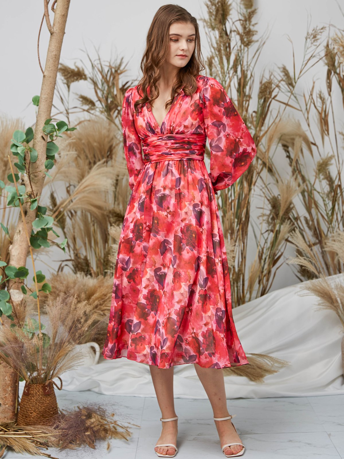 red dress long puff sleeves Red Midi Dress, Puff Sleeve Romantic Dress, Elegant Tea Length Outfit for Date Night, Dinner, Special Moments