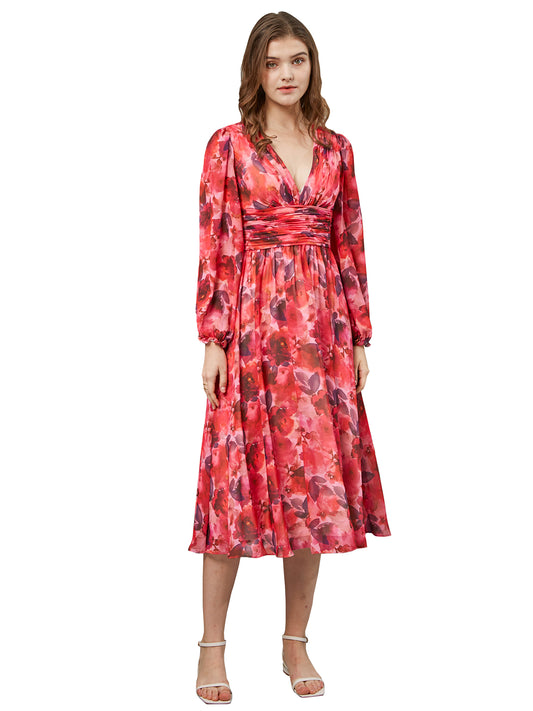 Lange Puffärmel V-Ausschnitt Chiffon-Print Floral Red Formal Dress