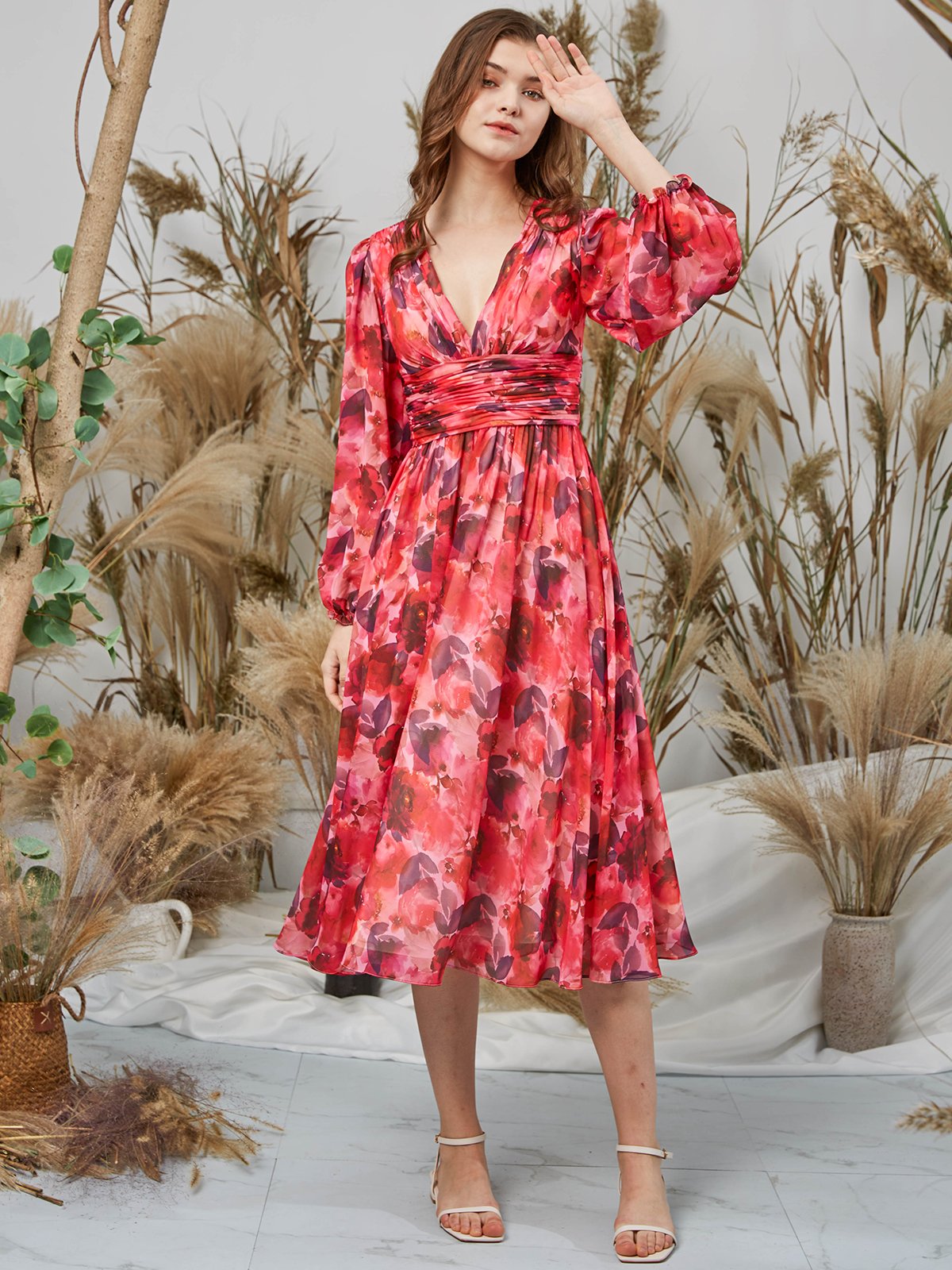MissJophiel Long Puff Sleeves V Neck Chiffon Print Floral Red Formal Dress