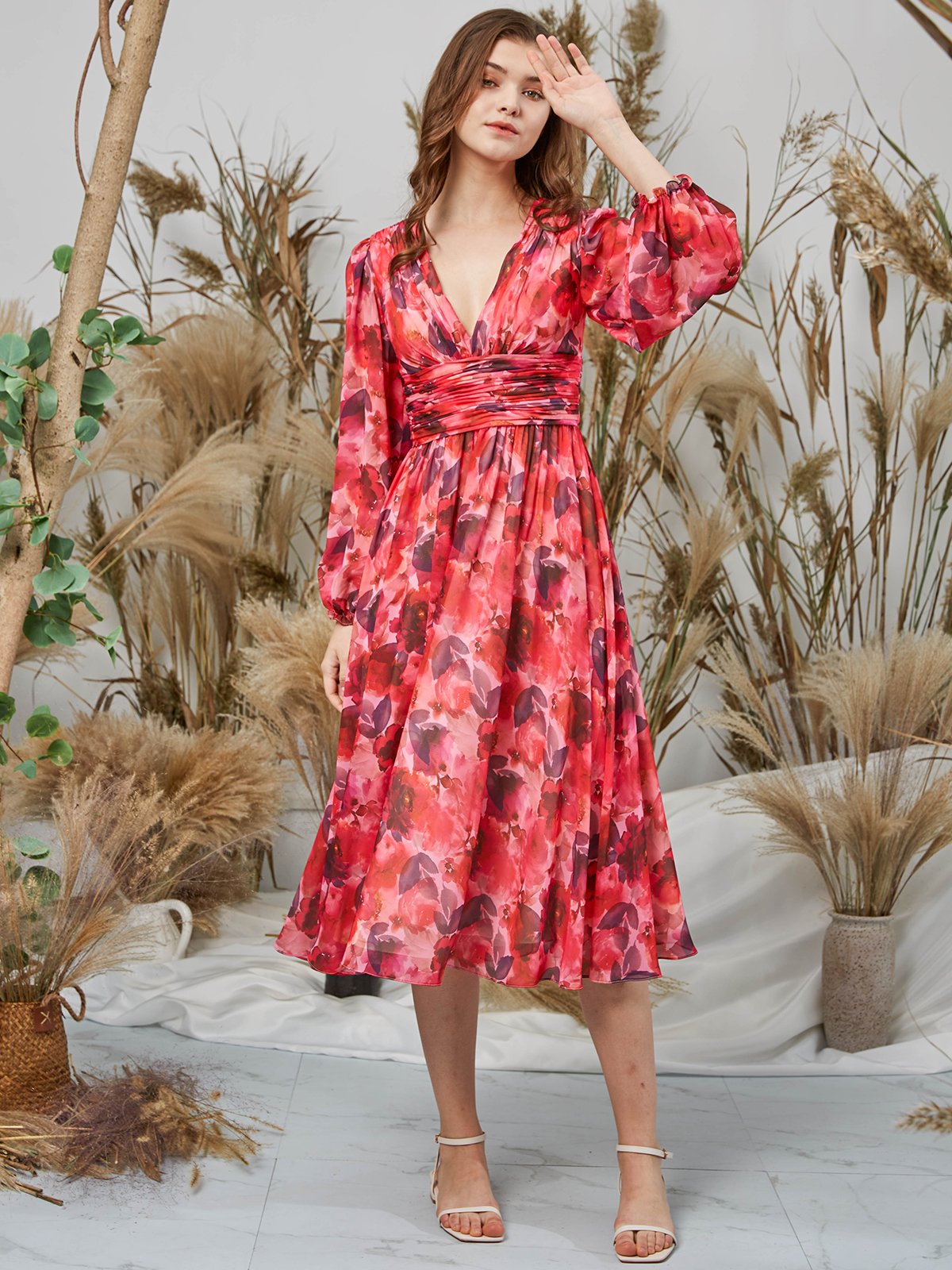 v neck chiffon dress Long Sleeves V- Neckline Chiffon Evening Dress CD0192 XL / Champagne (Wheat)