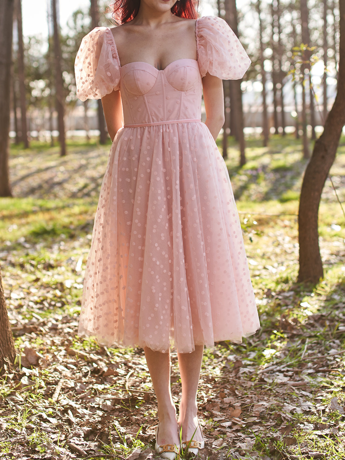 Puff Sleeves Sweetheart Tulle Midi Prom Dress