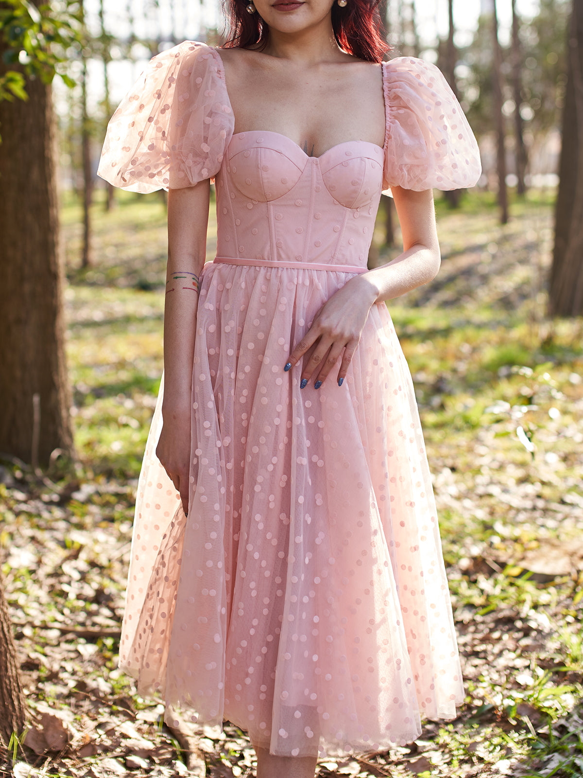 MissJophiel Puff Sleeves Sweetheart Tulle Midi Prom Dress