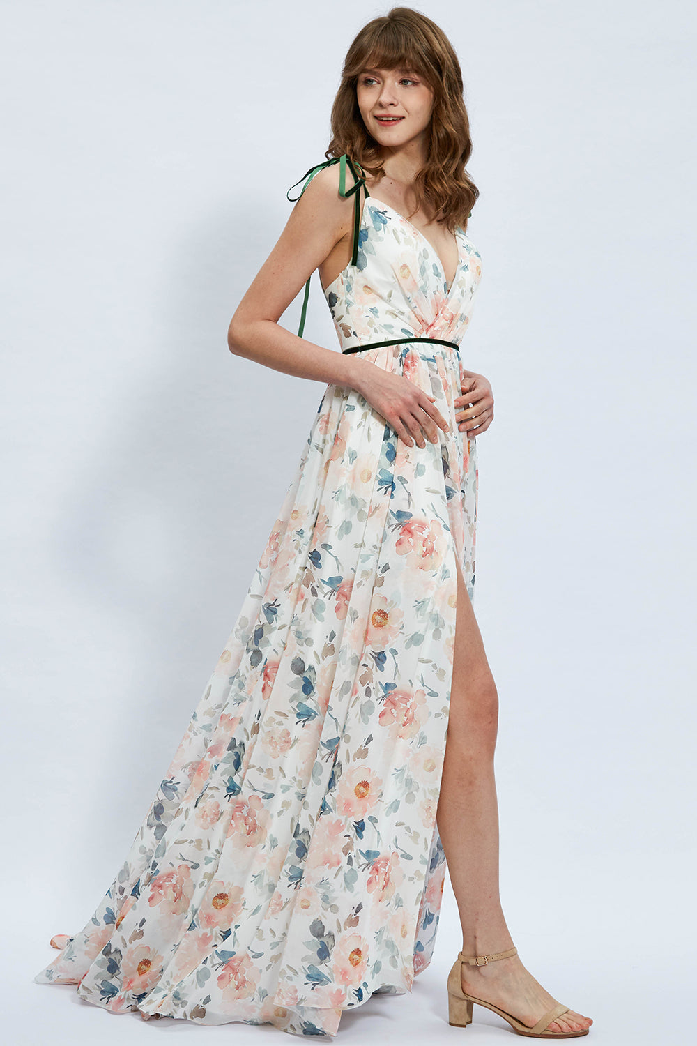 MissJophiel Straps V Neck Floral Chiffon Maxi Prom Dress