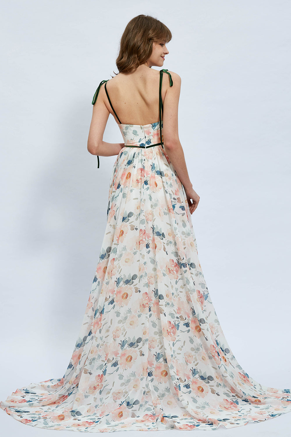 Straps V Neck Floral Chiffon Maxi Prom Dress
