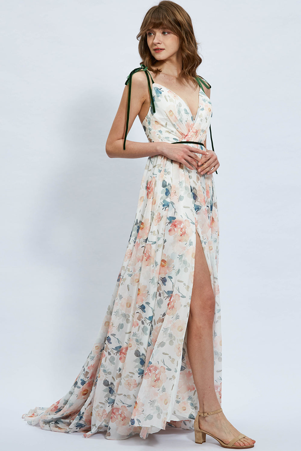Träger V-Ausschnitt Floral Chiffon Maxi Abendkleid