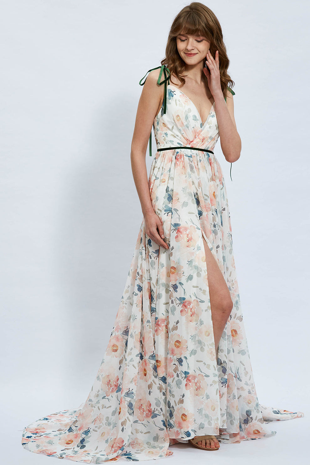 Straps V Neck Floral Chiffon Midi Formal Dress