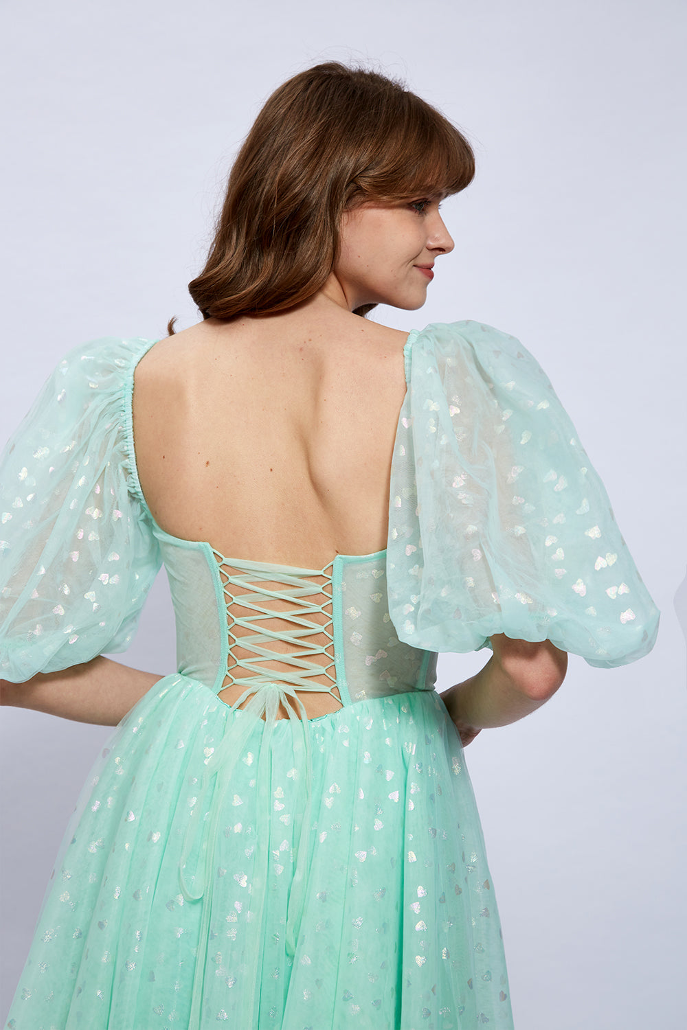 MissJophiel Puff Sleeves Illusion Tulle Sweetheart Midi Prom Dress