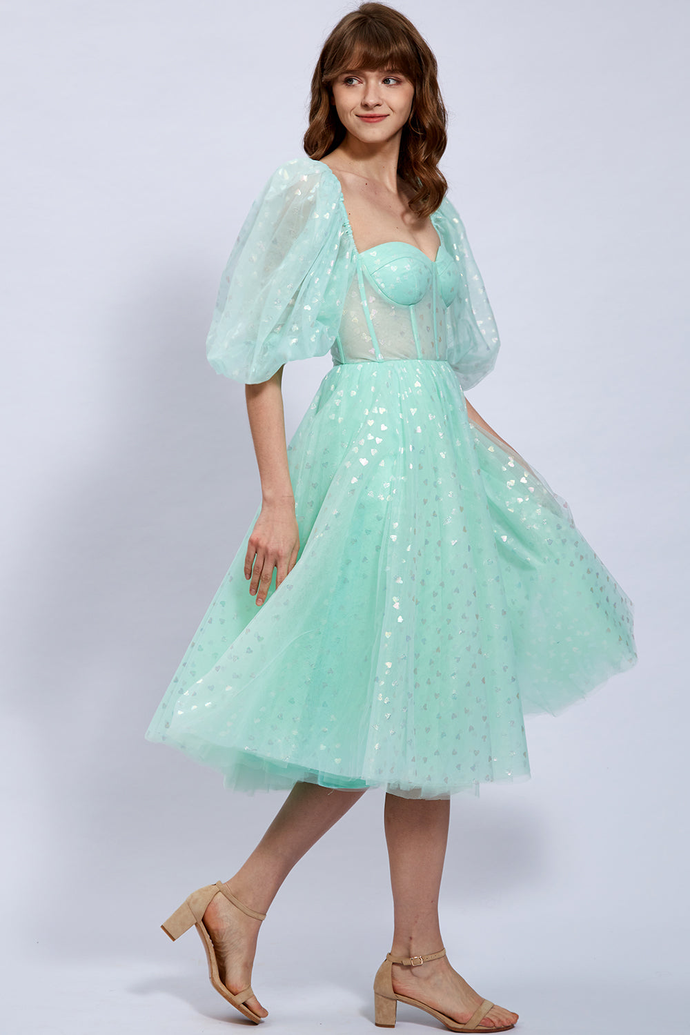 Puff Sleeves Illusion Tulle Sweetheart Midi Prom Dress
