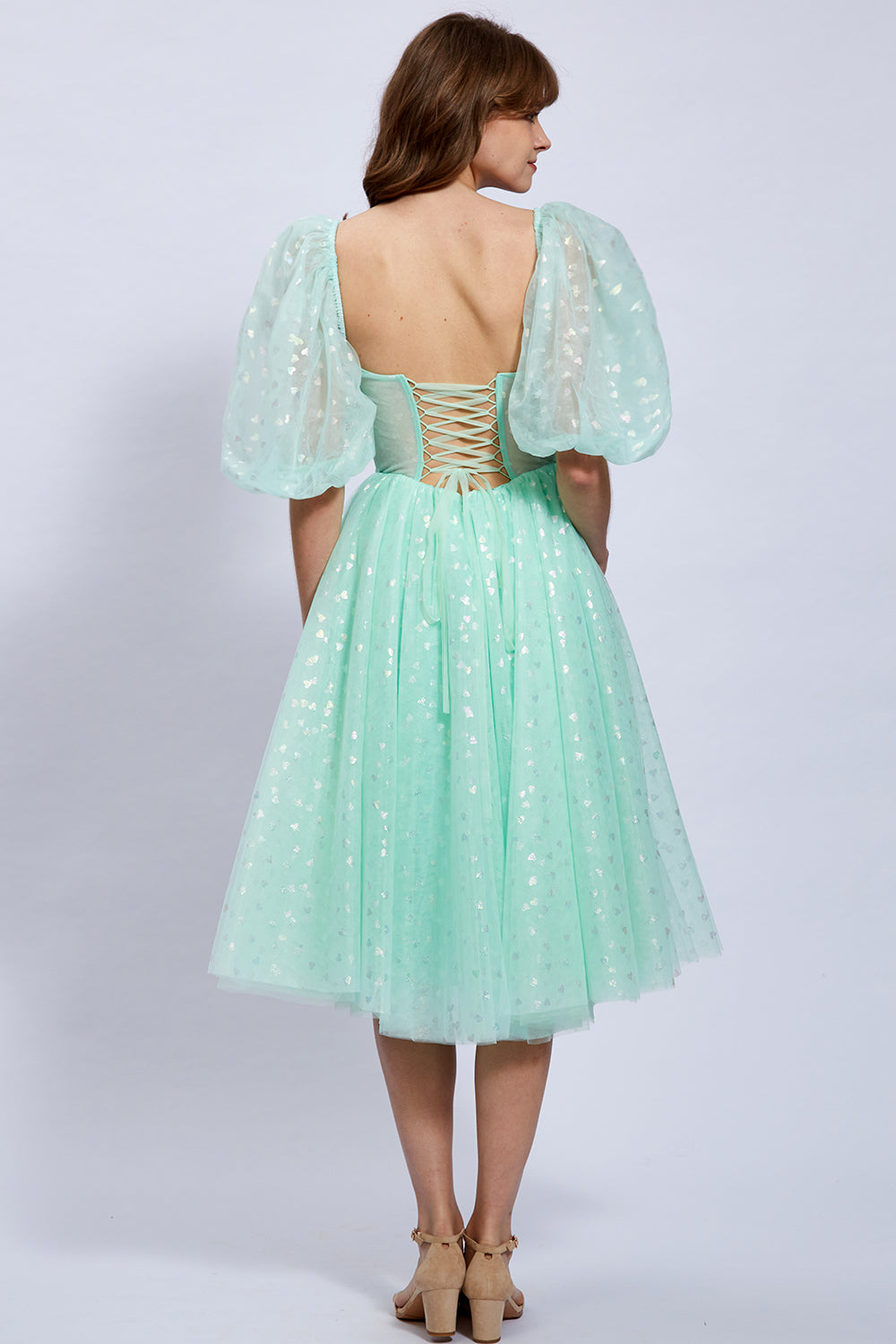 Puff Sleeves Illusion Tulle Sweetheart Midi Prom Dress