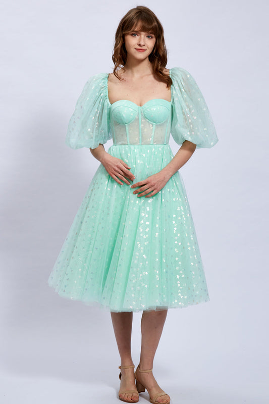 MissJophiel Puff Sleeves Illusion Tulle Sweetheart Midi Prom Dress