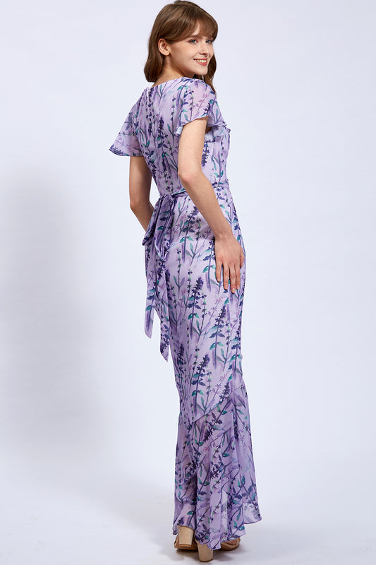Cape Sleeves Chiffon Print Floral Wisteria Floor Length Formal Evening Gown