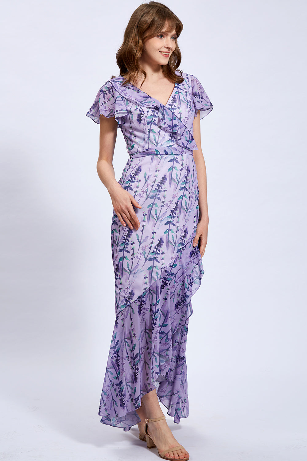 Cape Sleeves Chiffon Print Floral Wisteria Floor Length Formal Evening Gown