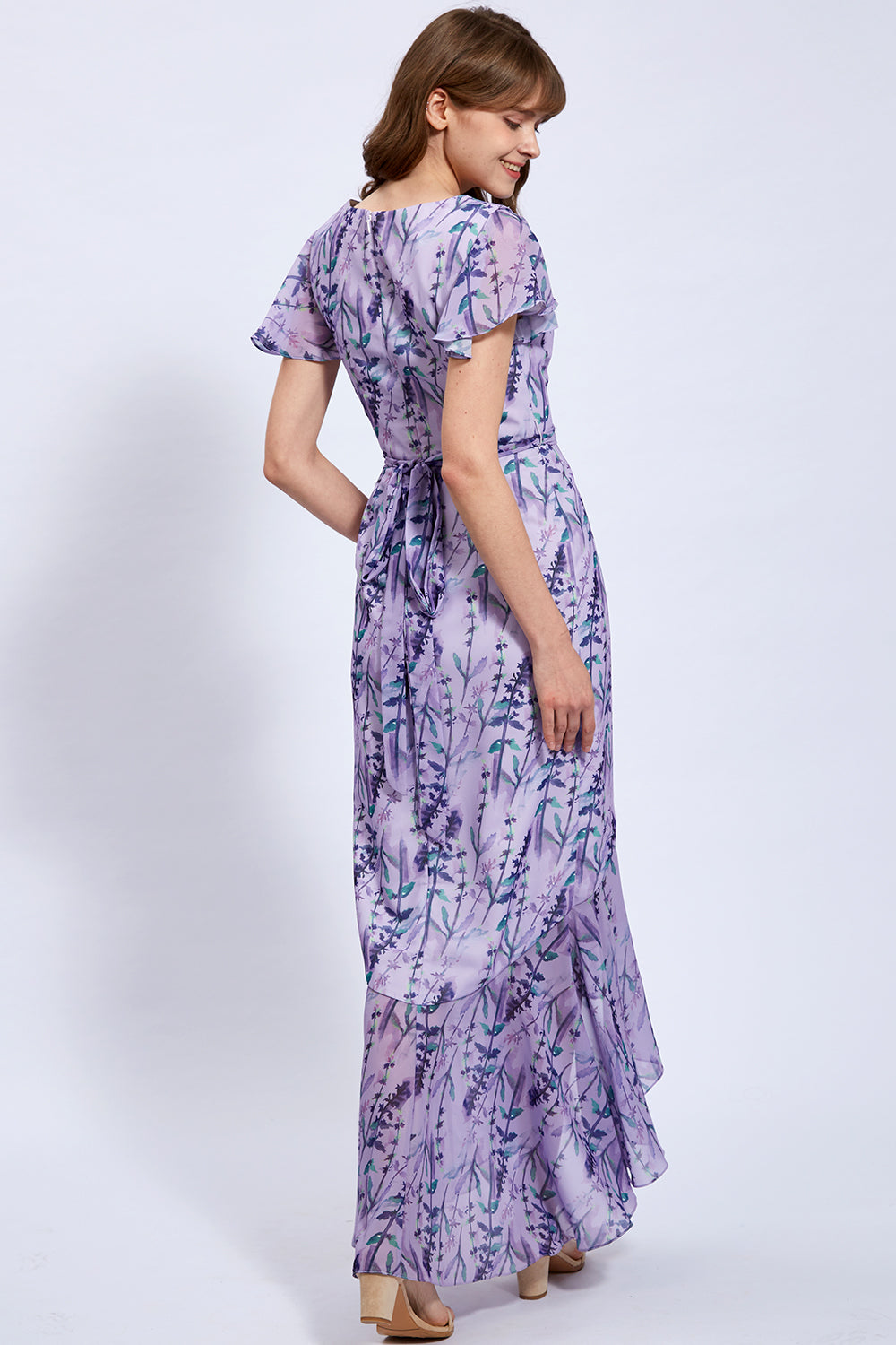 Cape Sleeves Chiffon Print Floral Wisteria Floor Length Formal Evening Gown