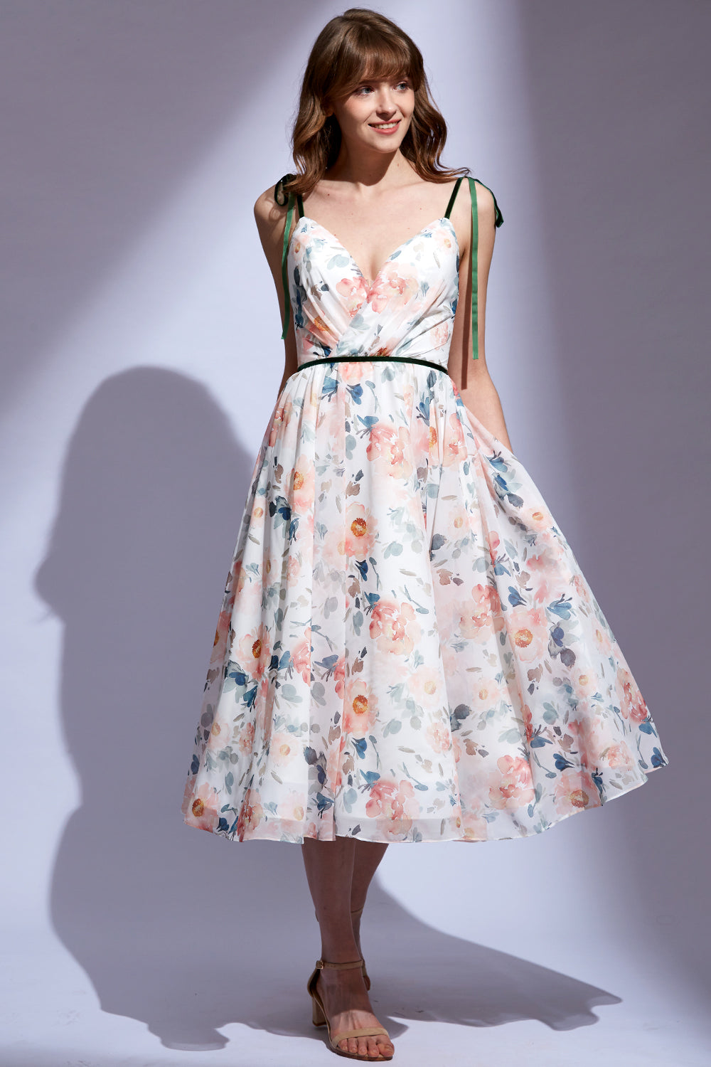MissJophiel Straps V Neck Floral Chiffon Midi Formal Dress