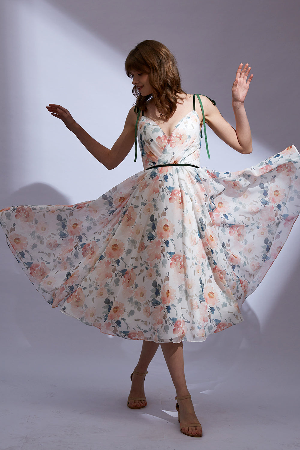 Träger V-Ausschnitt Floral Chiffon Midi Formelles Kleid