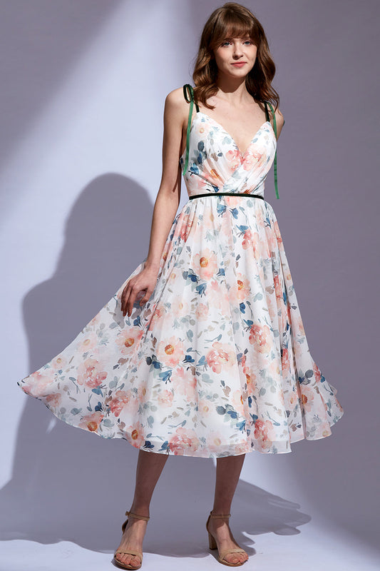 MissJophiel Straps V Neck Floral Chiffon Midi Formal Dress