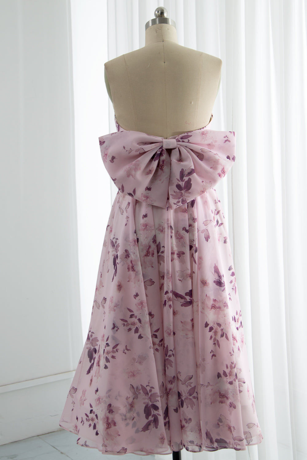 Sweetheart Floral Midi Prom Dress with removable straps 1 sets and Puff sleeves 1sets and a Bow