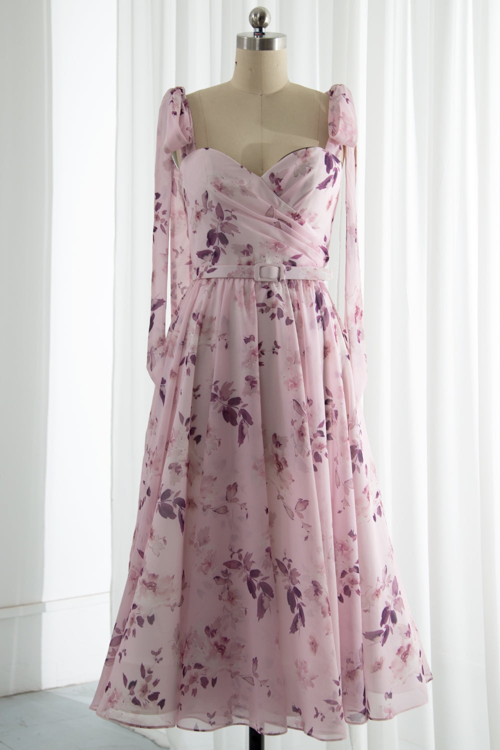 Sweetheart Floral Midi Prom Dress with removable straps(1 sets) and Puff sleeves(1sets) and a Bow