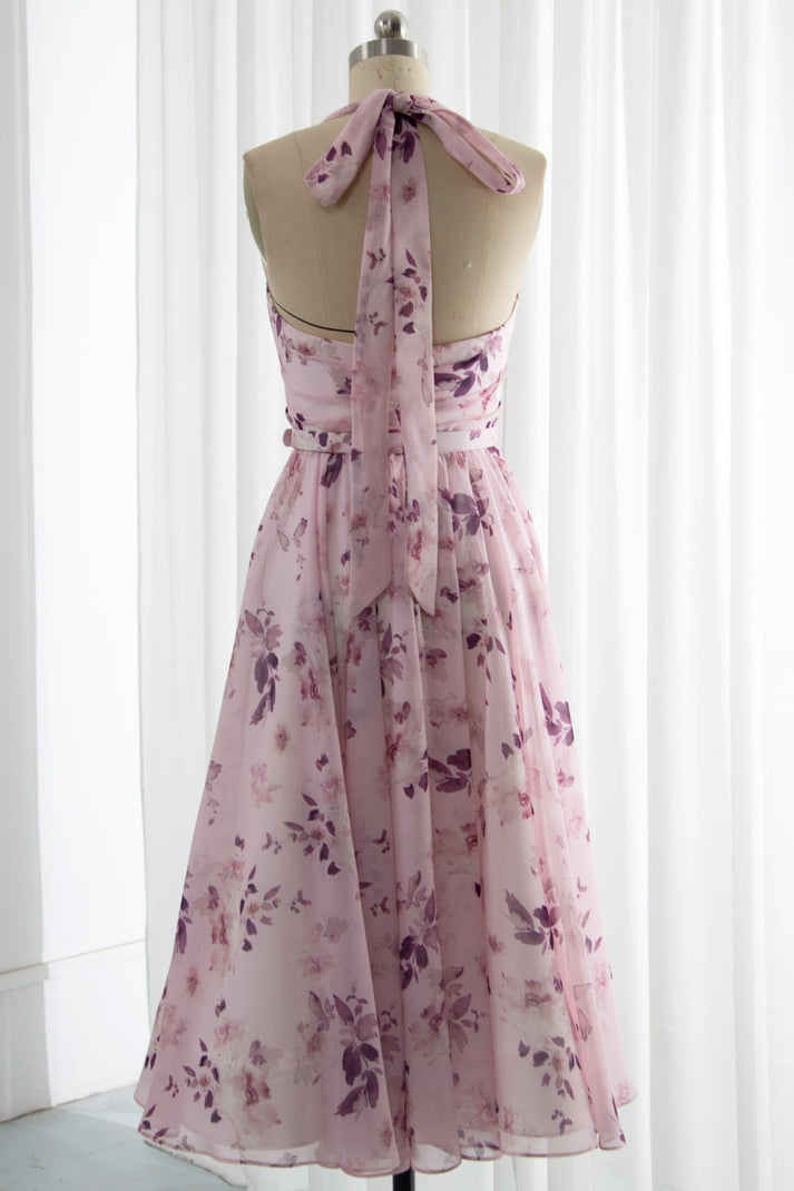 Pretty Pink Satin Print Floral Midi Prom Dress Sexy Evening Dress Y8418
