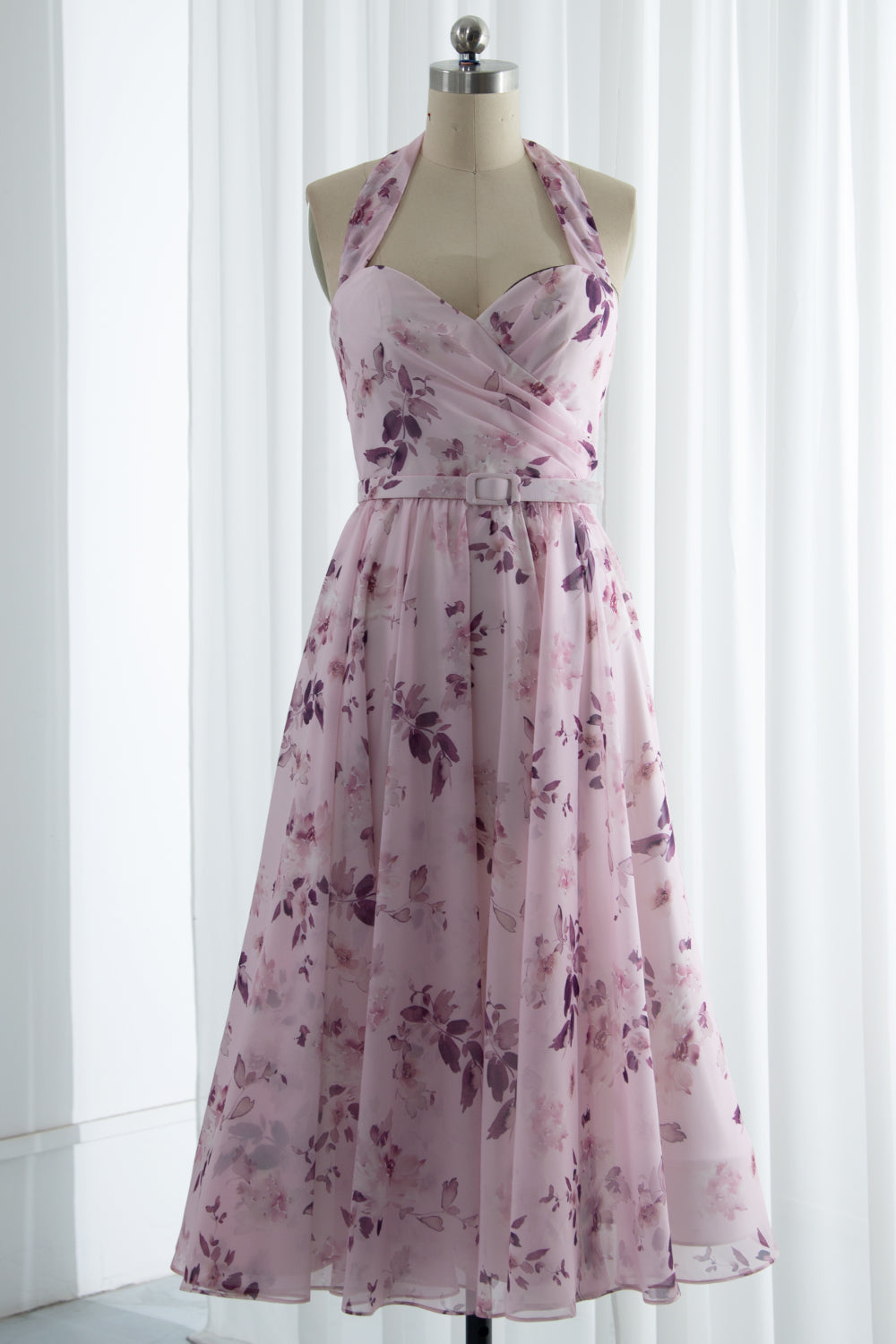 Sweetheart Floral Midi Prom Dress with removable straps(1 sets) and Puff sleeves(1sets) and a Bow