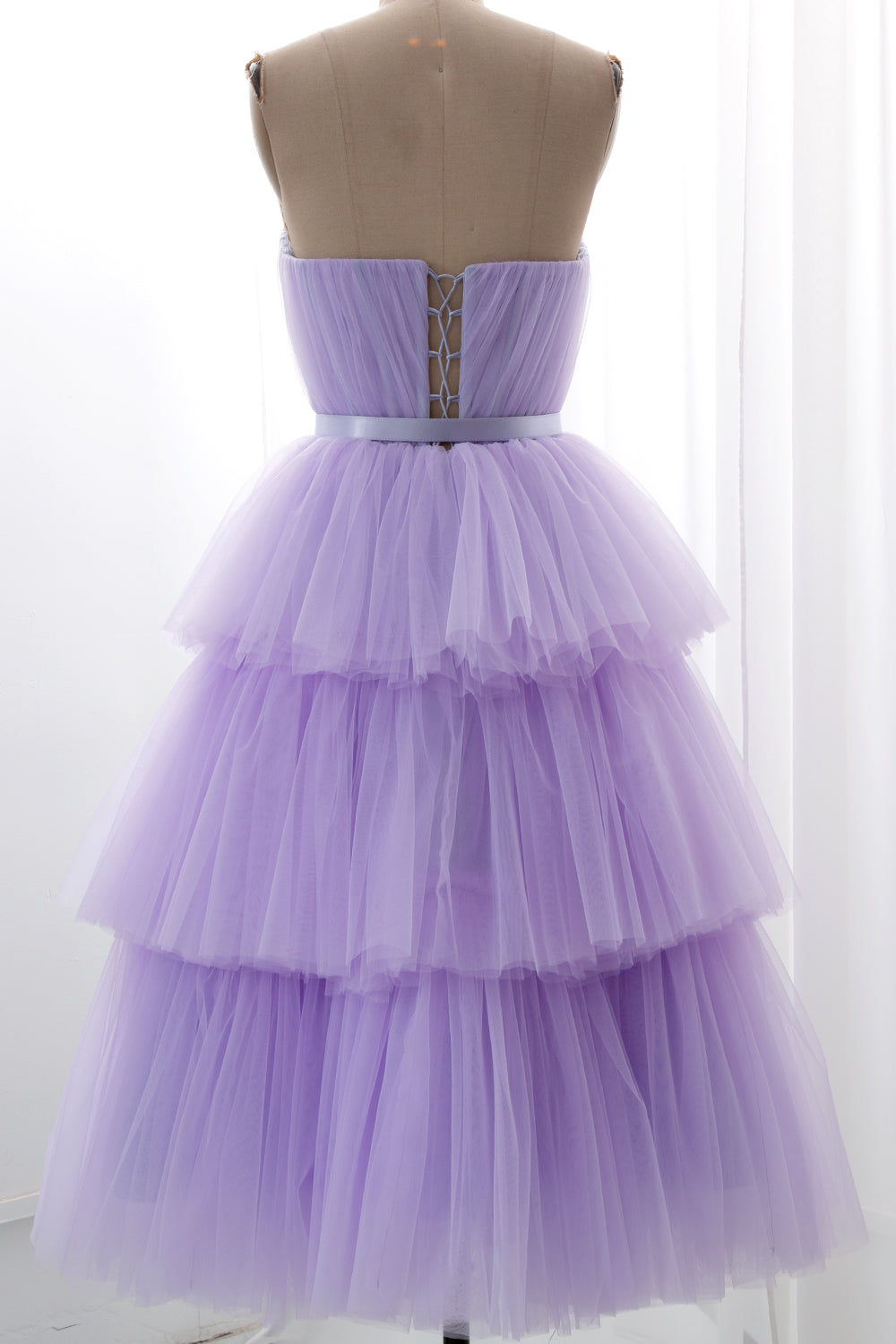 MissJophiel Strapless Tiered Tulle Prom Dress with Belt