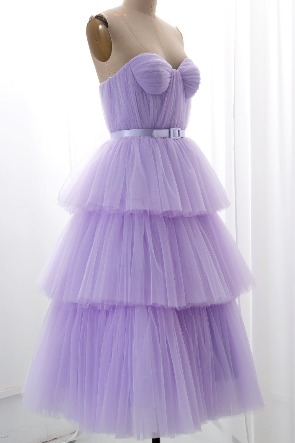 Strapless Tiered Tulle Prom Dress with Belt