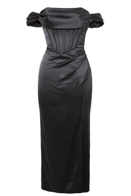 MissJophiel Off the Shoulder Acetate Satin Formal Dress with Slit