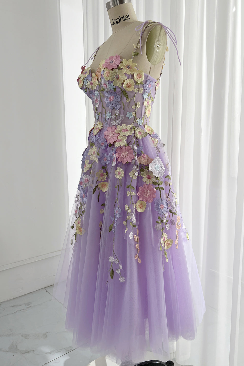 MissJophiel Embroidery Floral Corset Midi Dress with Removable Straps Lavender Floral / Tea Length / US10