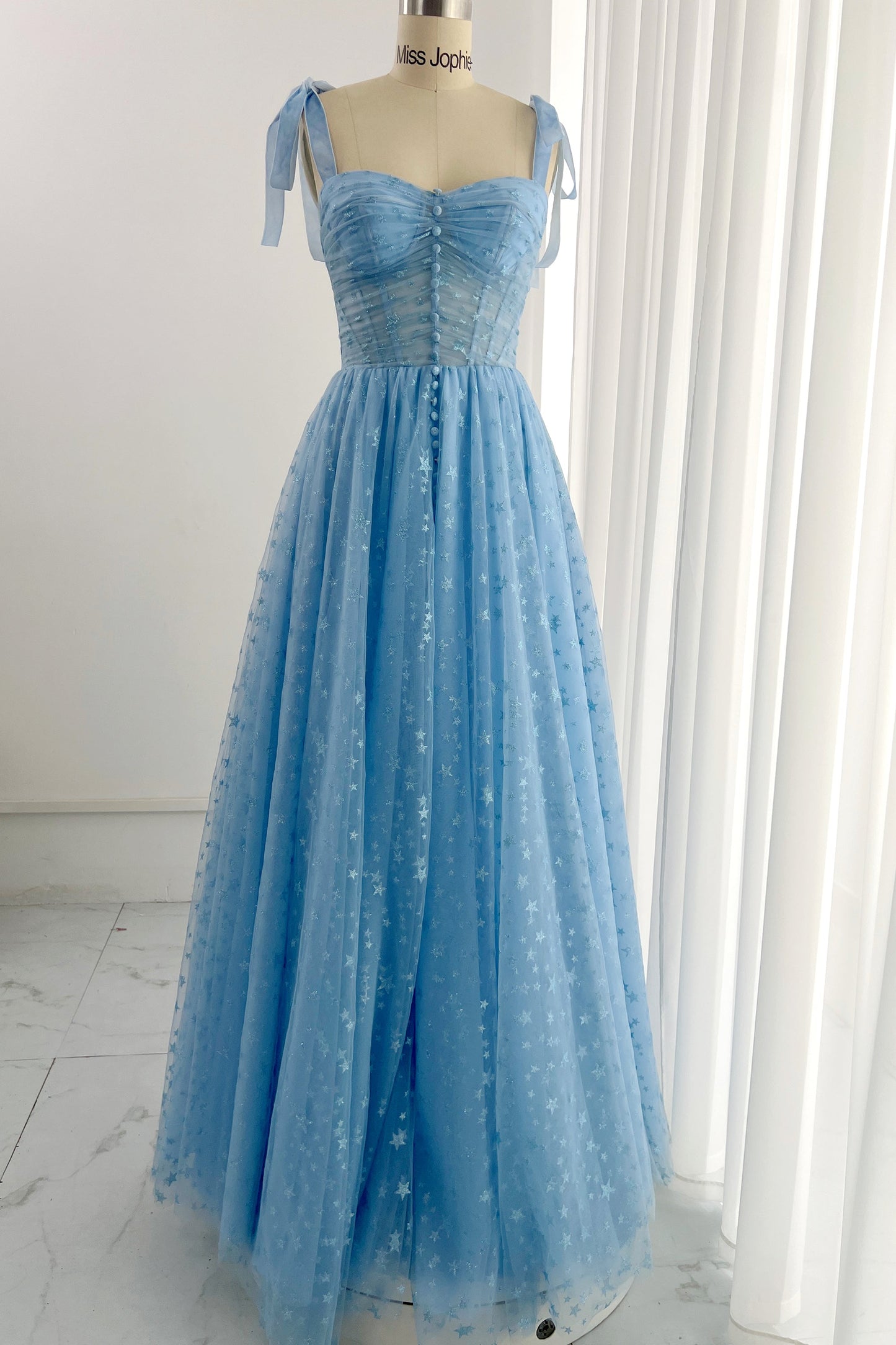 Sweetheart Sky Blue Slit Long Prom Dress with Removable Straps