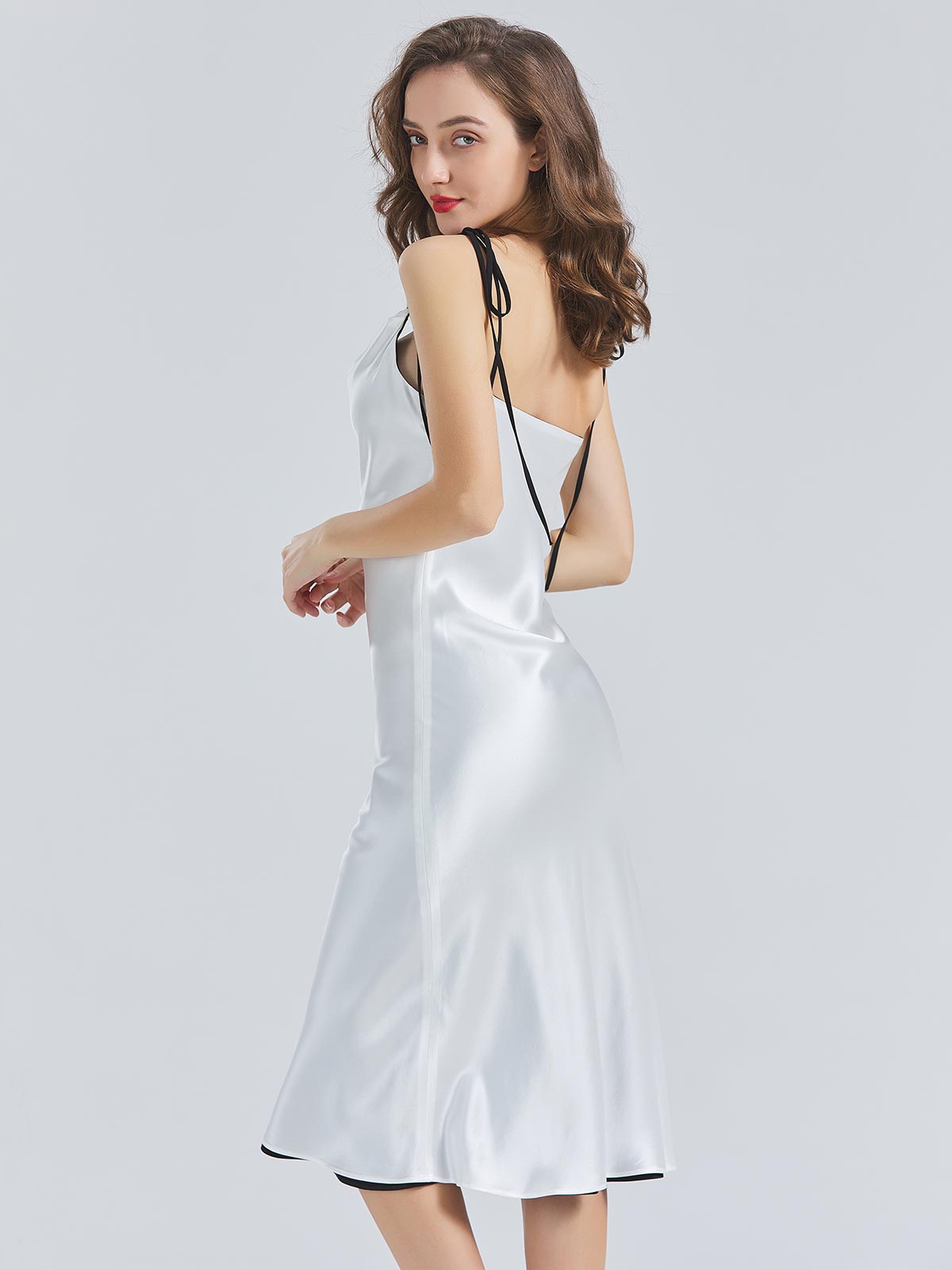 MissJophiel Acetate Satin Adjustable Strap Cowl Neckline Tea Lenght Midi Reversible Dresses Cocktail Wedding Party Gown