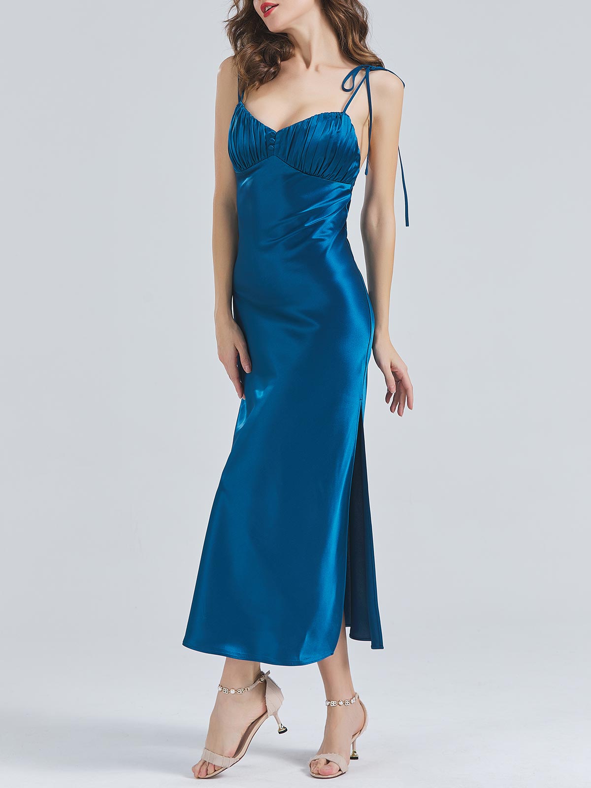 MissJophiel Azetat-Satin verstellbarer Träger Wasserfallausschnitt knöchellange Kleider Cocktailkleider Hochzeitskleid