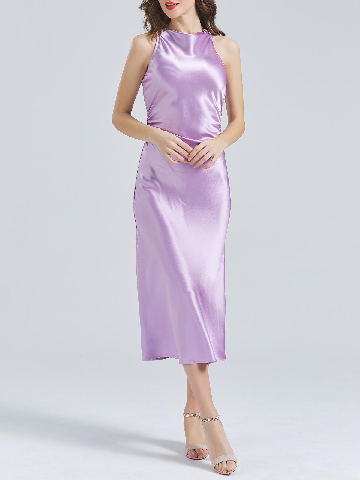 MissJophiel Acetat-Satin mit hohem Ausschnitt, offener Rücken, Teelänge, halbformale Midi-Cocktailkleider, Hochzeitskleid