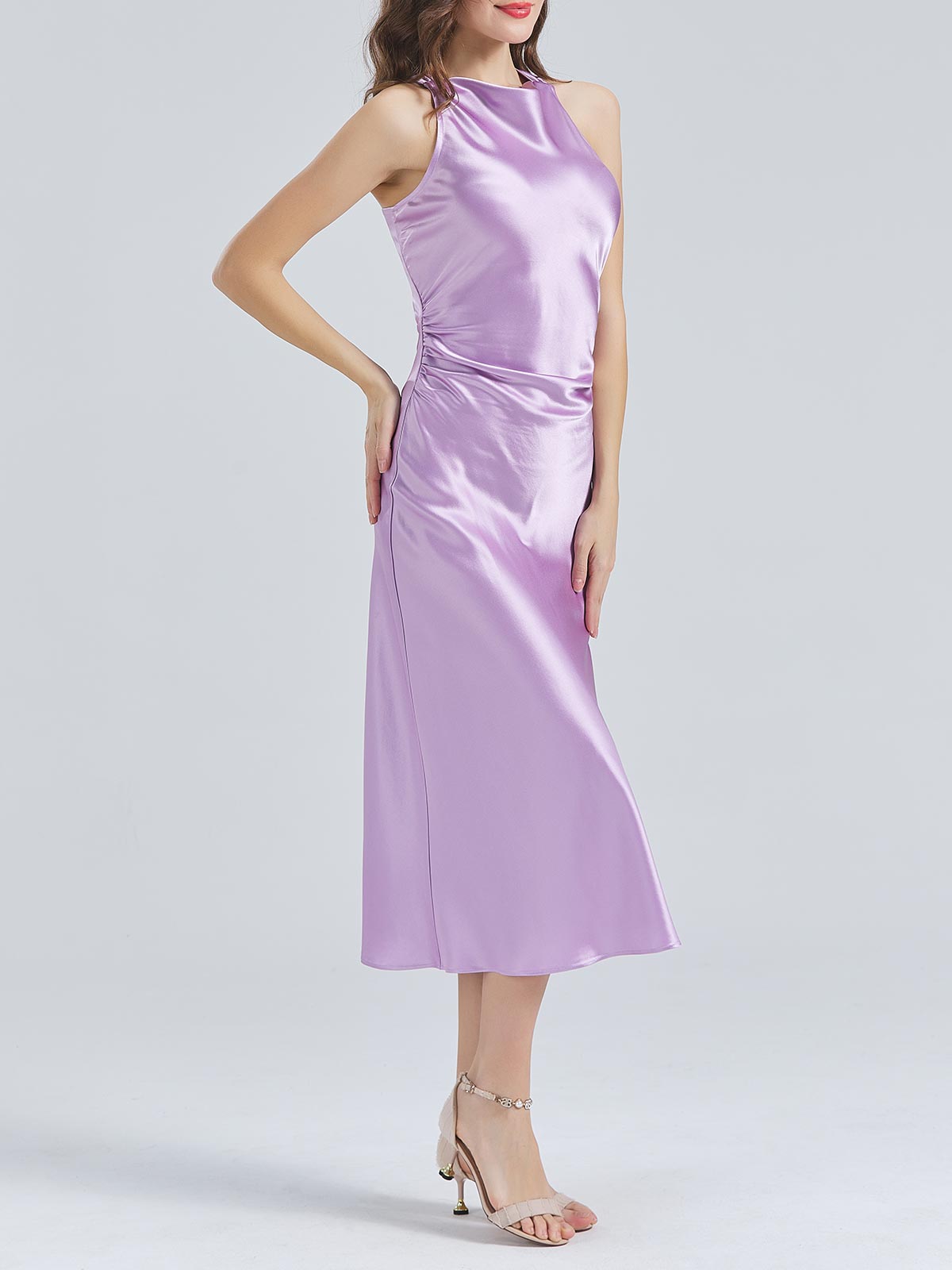 MissJophiel Acetat-Satin mit hohem Ausschnitt, offener Rücken, Teelänge, halbformale Midi-Cocktailkleider, Hochzeitskleid