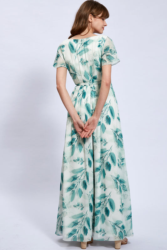 V-Ausschnitt Wrapping Floral Chiffon Kurzarm Kleid für Hochzeitsfeier Brautjungfer