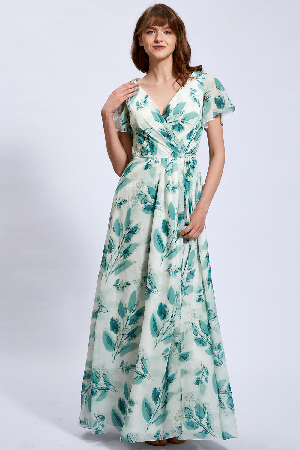 V-Ausschnitt Wrapping Floral Chiffon Kurzarm Kleid für Hochzeitsfeier Brautjungfer