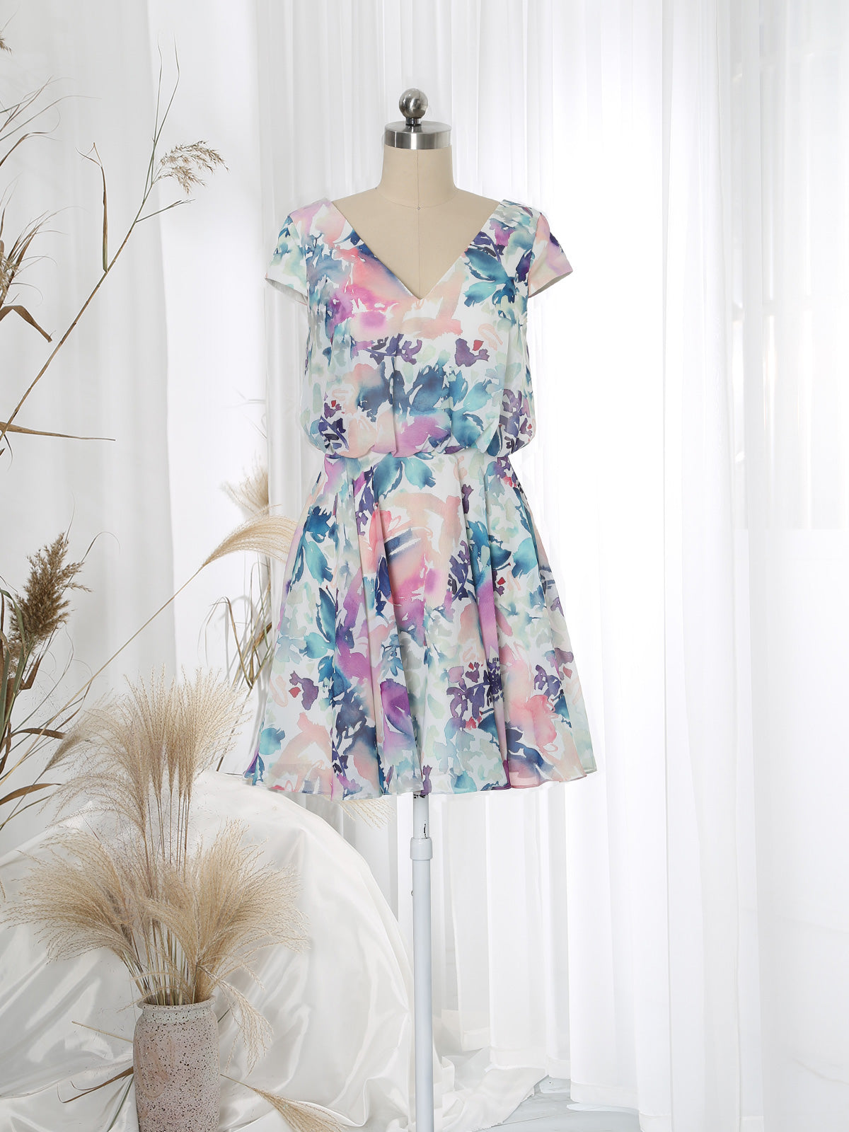 MissJophiel V Neck Cap Sleeve Short A line Abrstract Floral Wedding Guest Cocktail Dresses Purple / Above Knee / US20