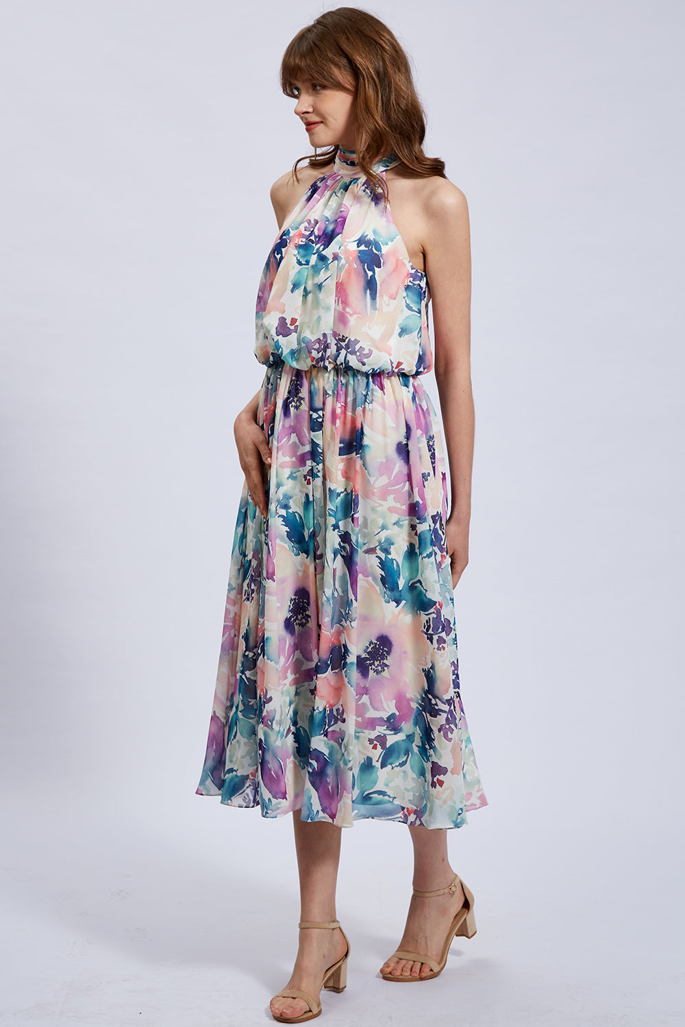 Halter High Neck Flowy Chiffon Cocktail Formal Party Dress Purple / Tea Length / US6 Halter High Neck Flowy Chiffon Cocktail Formal Party Dress Purple / Tea Length / US6